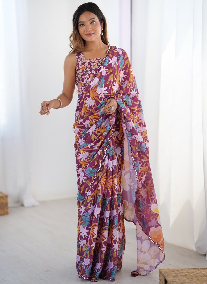 Vegaa Fashion Wine Chinon Printed Party Wear Saree