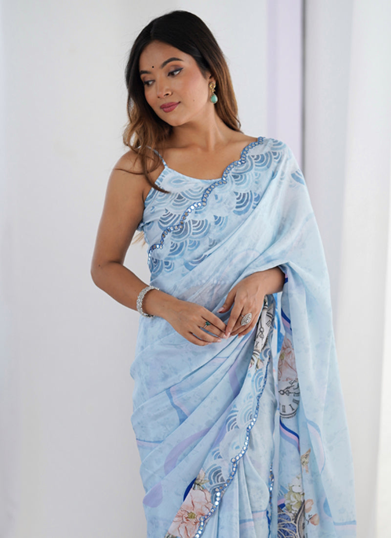 Vegaa Fashion Light Blue Chinon Printed Party Wear Saree