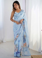 Thumbnail for Vegaa Fashion Light Blue Chinon Printed Party Wear Saree