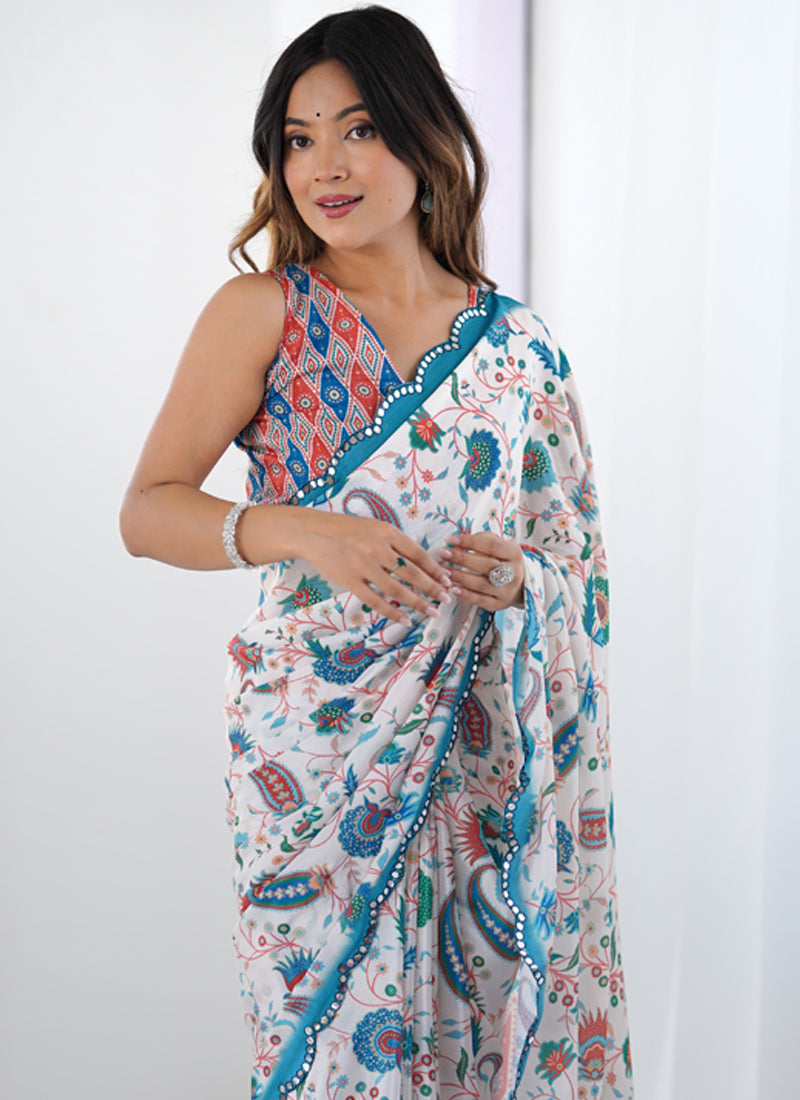 Vegaa Fashion Off White Chinon Printed Party Wear Saree