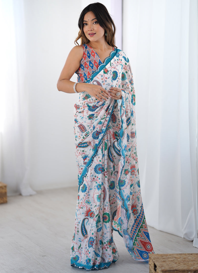 Vegaa Fashion Off White Chinon Printed Party Wear Saree