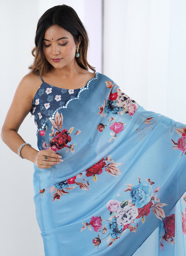 Vegaa Fashion Light Blue Chinon Printed Party Wear Saree