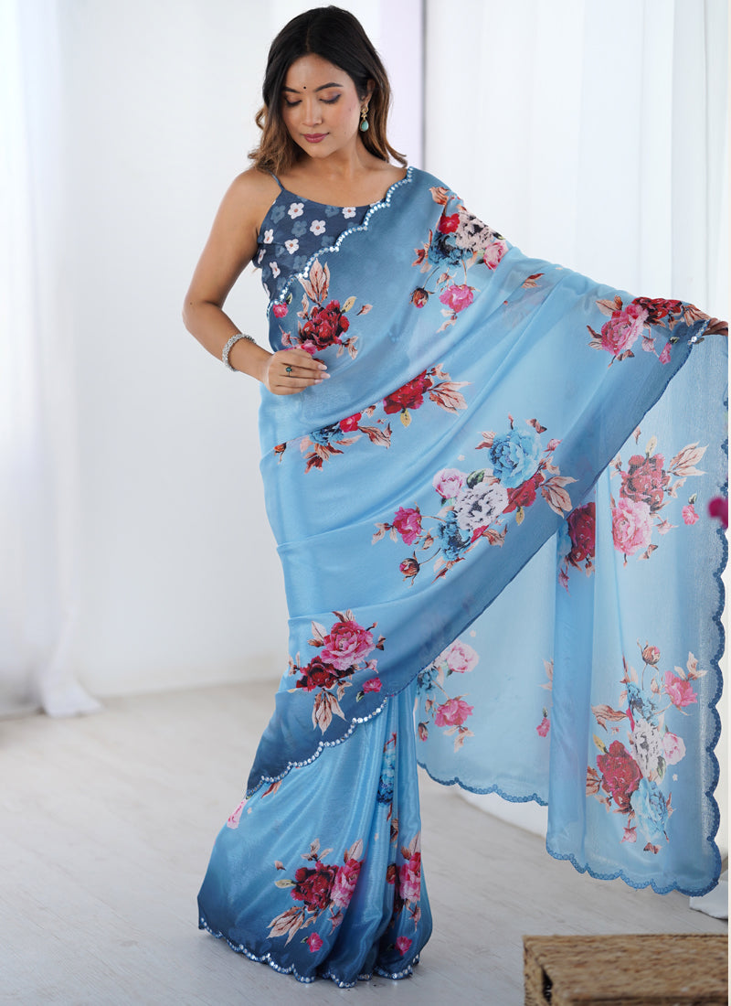 Vegaa Fashion Light Blue Chinon Printed Party Wear Saree