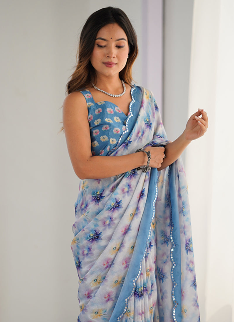 Vegaa Fashion Off White Chinon Printed Party Wear Saree