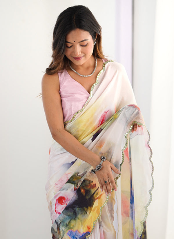 Vegaa Fashion Off White Chinon Printed Party Wear Saree
