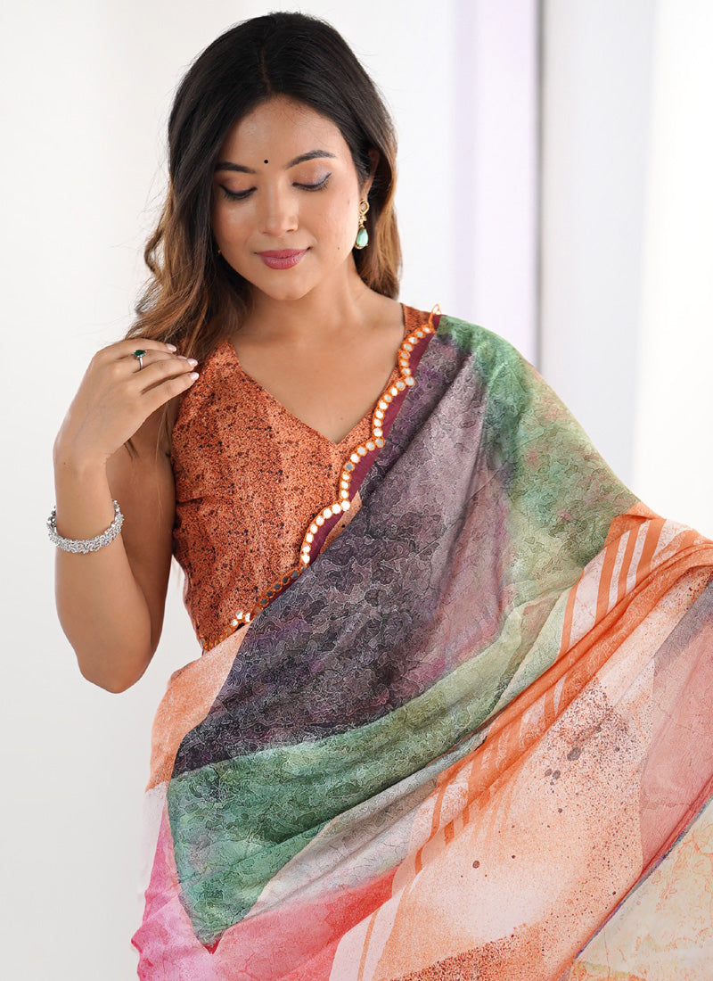 Vegaa Fashion Multi Color Chinon Printed Party Wear Saree