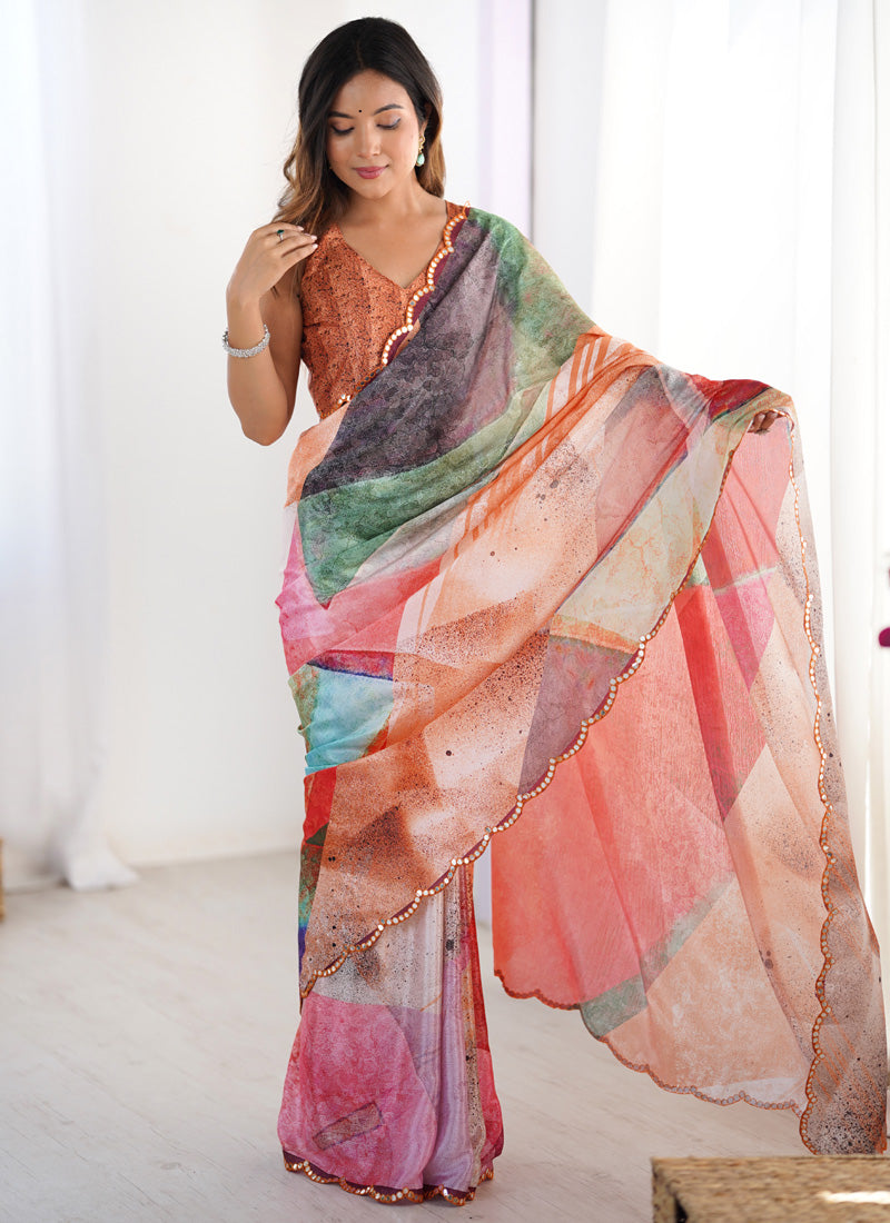 Vegaa Fashion Multi Color Chinon Printed Party Wear Saree