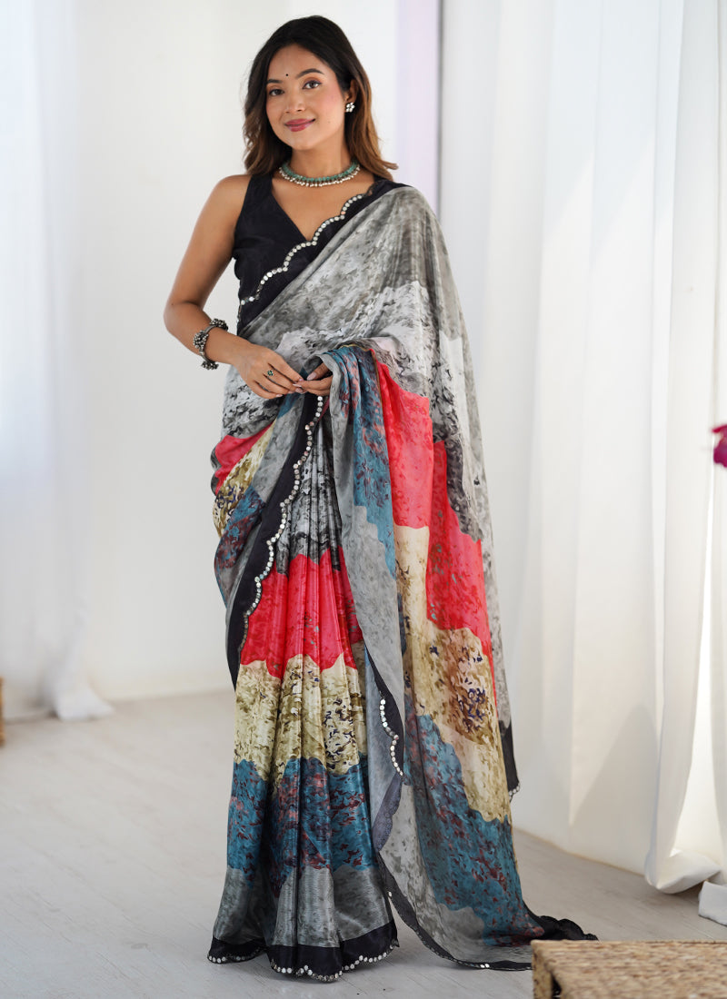 Vegaa Fashion Multi Color Chinon Printed Party Wear Saree