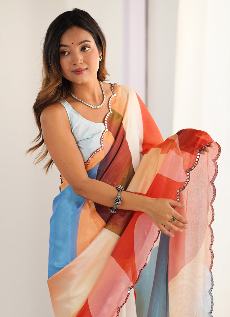 Vegaa Fashion Multi Color Chinon Printed Party Wear Saree