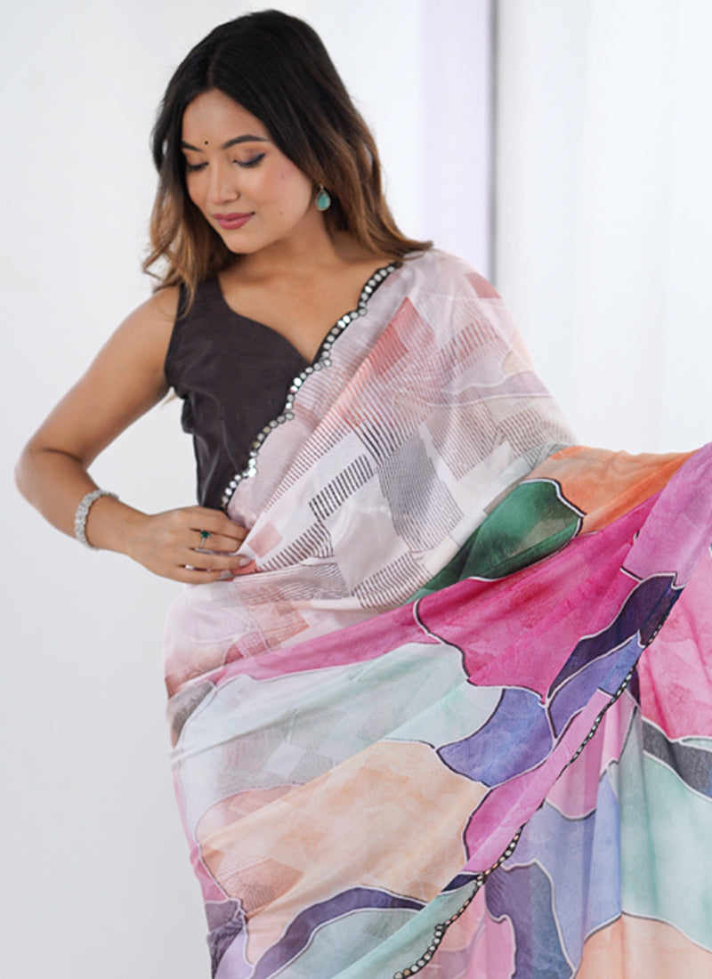 Vegaa Fashion Multi Color Chinon Printed Party Wear Saree