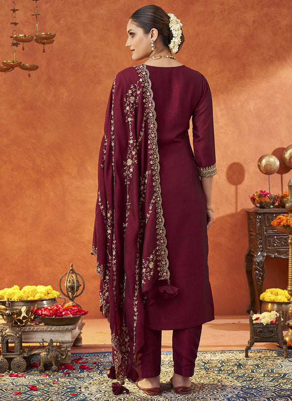Vegaa Fashion Maroon Silk Blend Embroidered Designer Salwar Suit