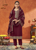Thumbnail for Vegaa Fashion Maroon Silk Blend Embroidered Designer Salwar Suit