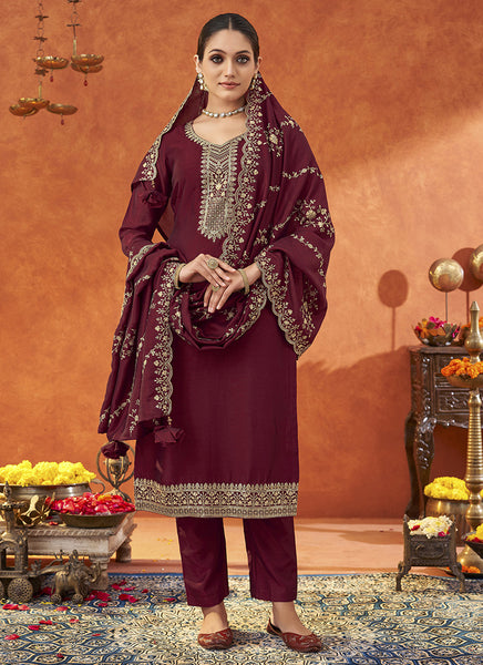 Vegaa Fashion Maroon Silk Blend Embroidered Designer Salwar Suit