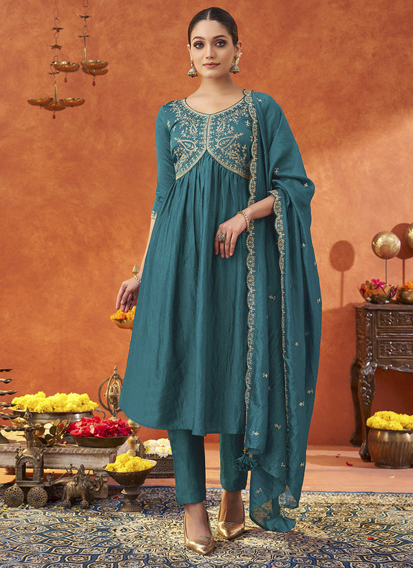 Vegaa Fashion Rama Silk Blend Embroidered Designer Salwar Suit