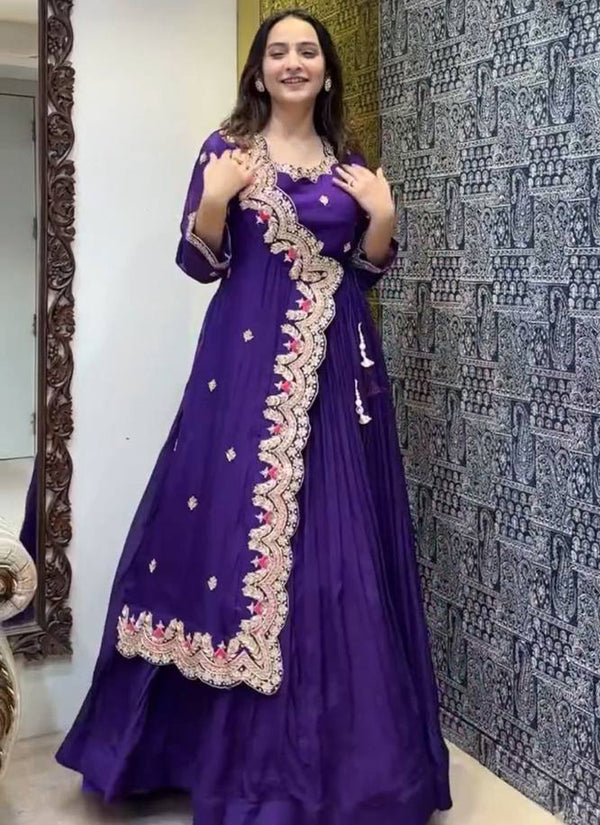 Vegaa Fashion Violet Georgette Embroidered Designer Gown