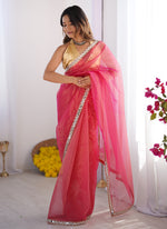 Thumbnail for Vegaa Fashion Pink Organza With Lace Work Designer Saree