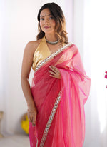 Thumbnail for Vegaa Fashion Pink Organza With Lace Work Designer Saree