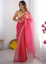 Thumbnail for Vegaa Fashion Pink Organza With Lace Work Designer Saree
