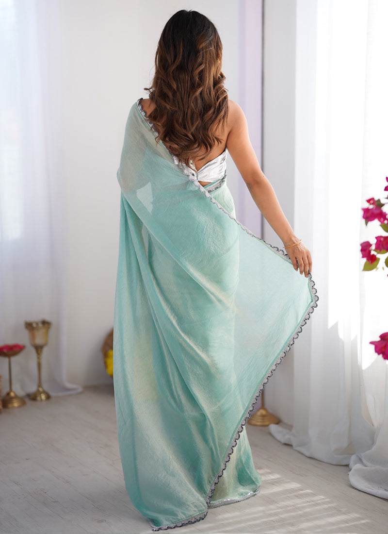 Vegaa Fashion Sky Blue Organza With Lace Work Designer Saree