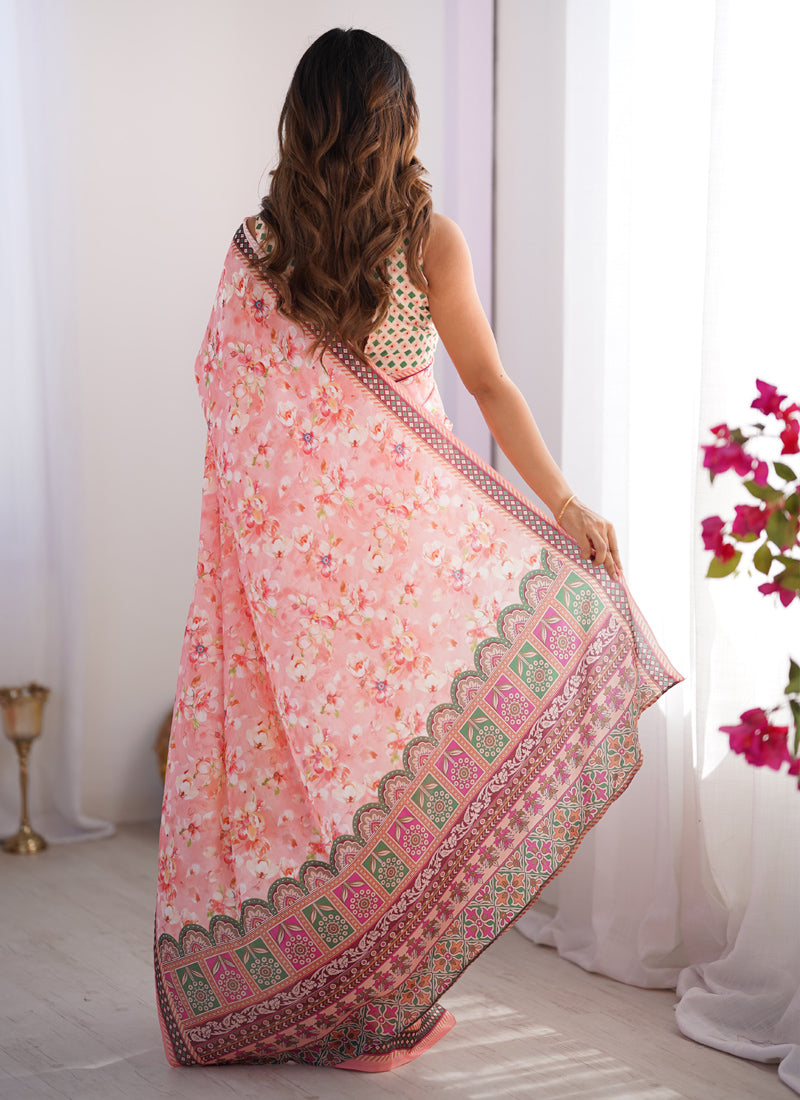 Vegaa Fashion Light Red Organza With Lace Work Designer Saree
