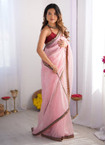 Thumbnail for Vegaa Fashion Baby Pink Organza With Lace Work Designer Saree
