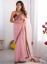 Thumbnail for Vegaa Fashion Baby Pink Organza With Lace Work Designer Saree