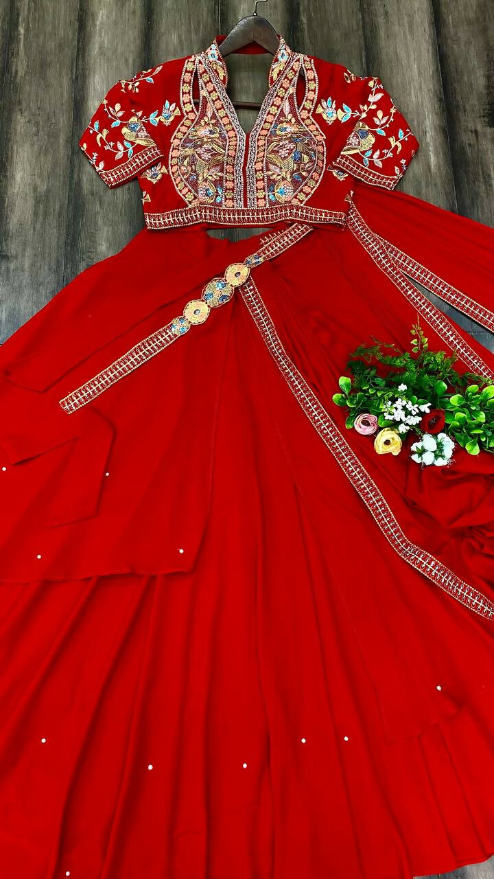 Preksha Creation Indian Stylist Exclusive Fancy Party Wear Fiyona Silk Lehenga Saree With Heavy Work Blouse And Belt - Red - Distacart