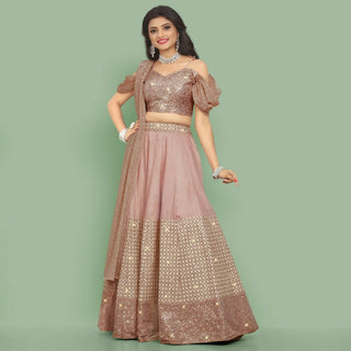 Jyoti Fashion Dusty Rose Pink Dori with Zari Thread Sequence Embroidery Cotton Silk Lehenga Choli with Dupatta - Distacart