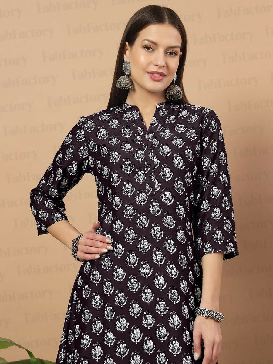 Vamika Poly Rayon Printed Wine Red Party Wear/Casual Wear/Office Wear Kurta Set/Suit - Distacart