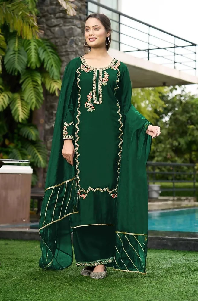 Nikhaar Green Embroidered Art Silk Straight Cut Readymade Pakistani Suit