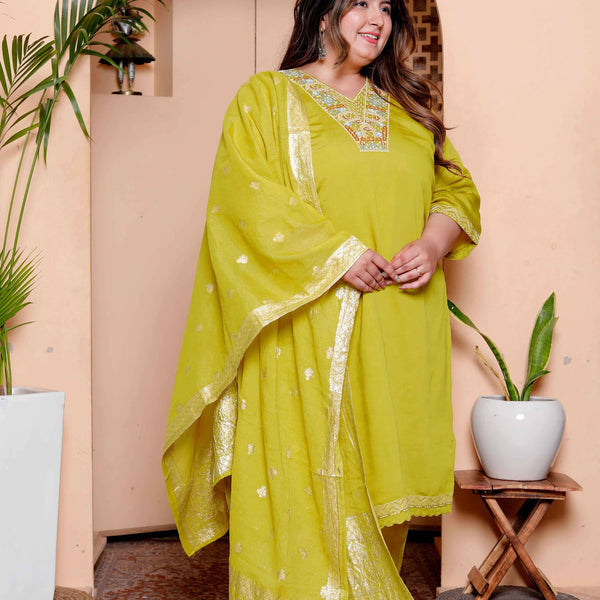 Miravan Womens Plus Size Muslin Yellow Kurta and Palazzo with Dupatta Set - Distacart