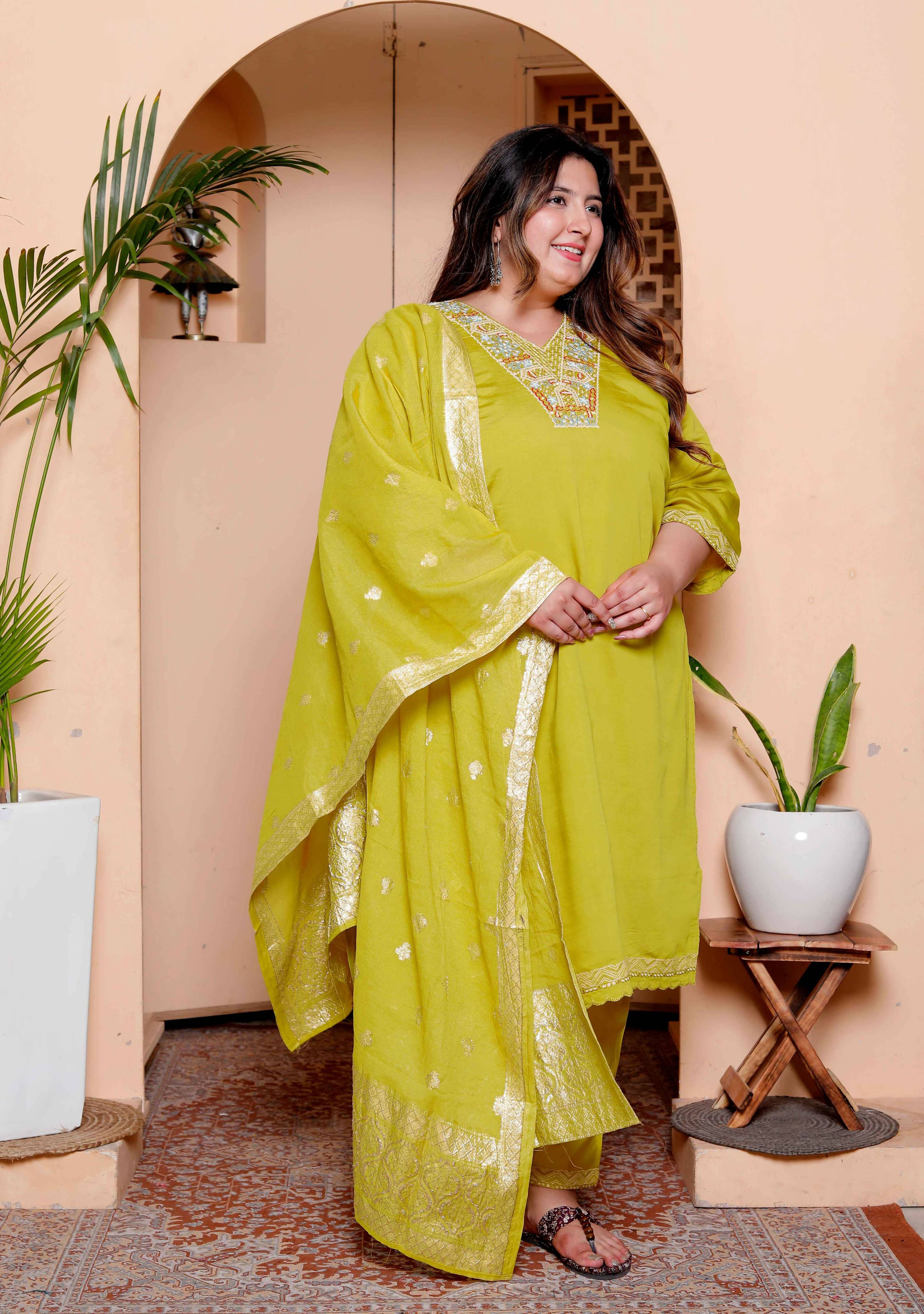 Miravan Womens Plus Size Muslin Yellow Kurta and Palazzo with Dupatta Set - Distacart