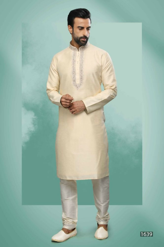 Raivat Ethnic Art Silk Mirror Embroidery Work Kurta Pajama In Cream Colour - Dista