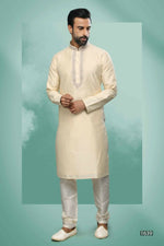 Thumbnail for Raivat Ethnic Art Silk Mirror Embroidery Work Kurta Pajama In Cream Colour - Dista