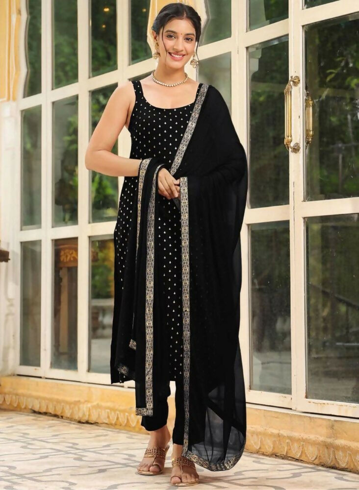 Teeya Creation Womens New Elegant Black Embroidered Kurti with Matching Bottom Set - Dista