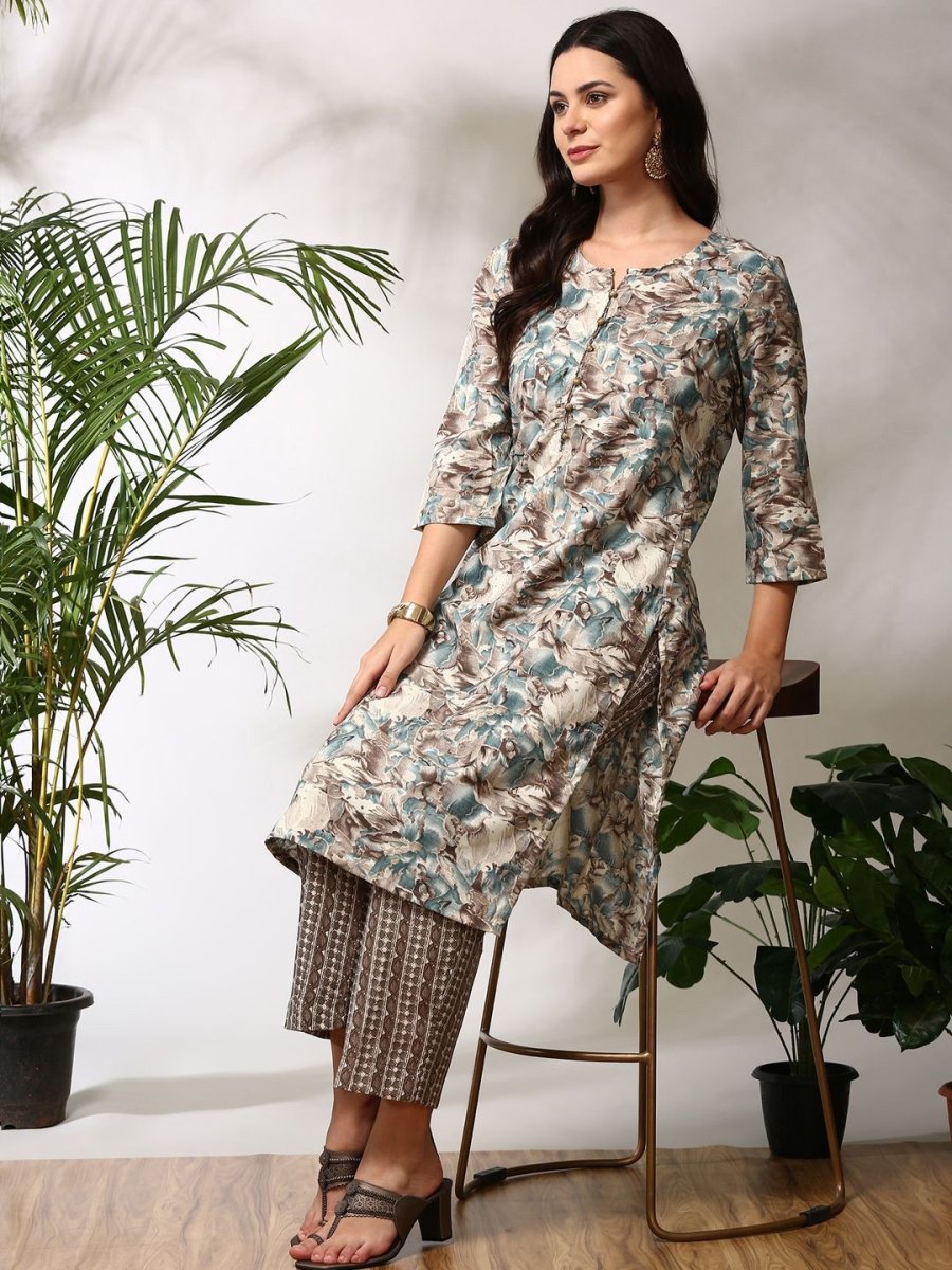 Anouk Floral Printed Regular Straight Kurta with Trousers