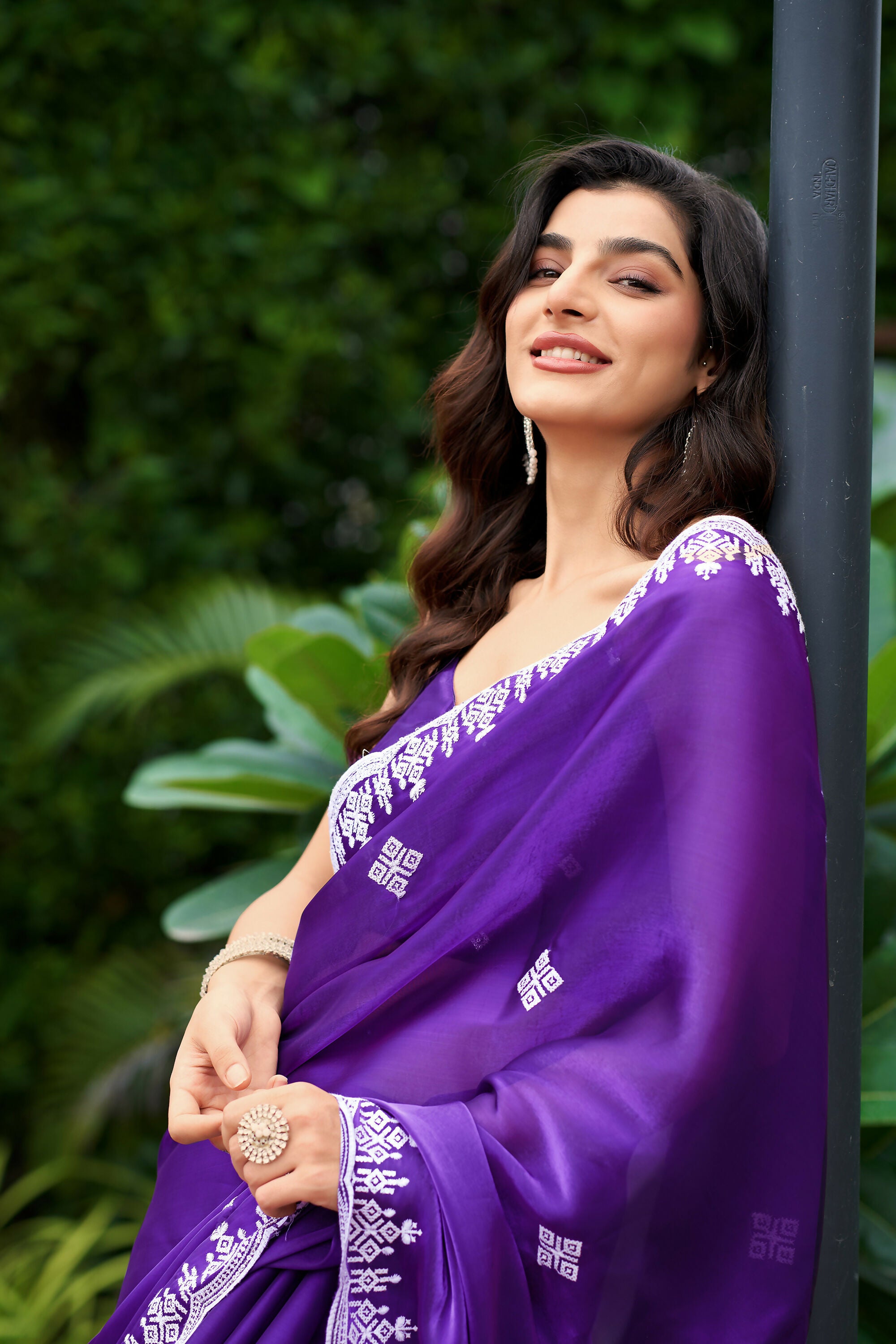 Vastranavya Purple-Blue Embroidery Work Shimmer Chiffon Saree with Unstitched Blouse