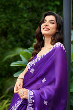 Thumbnail for Vastranavya Purple-Blue Embroidery Work Shimmer Chiffon Saree with Unstitched Blouse