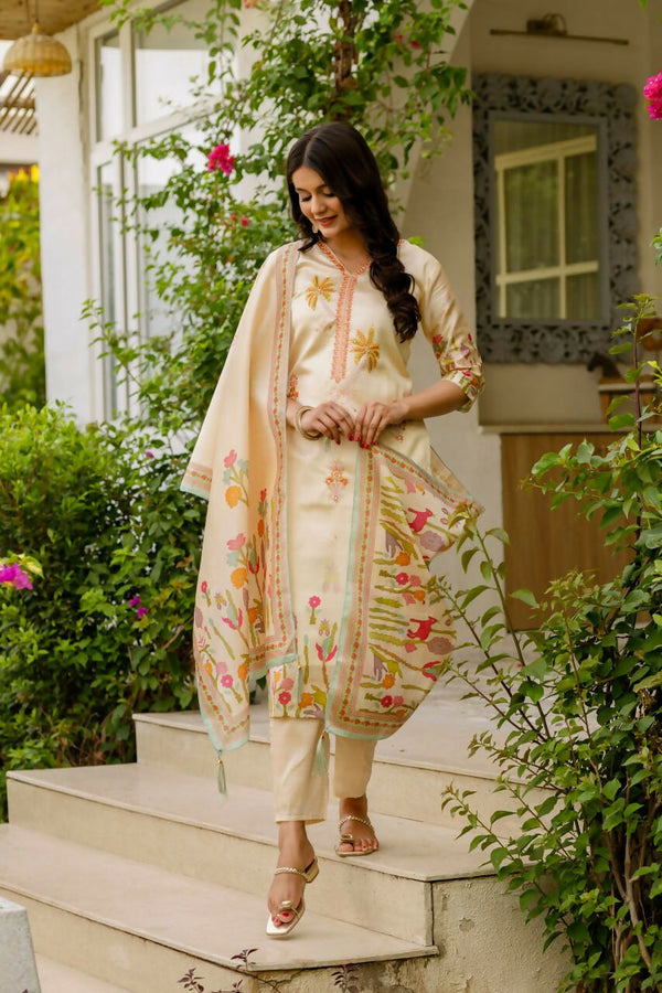 Preksha Creation Off-White Viscose Assam Silk Embroidered Beads Kurta Set With Dupatta And Pant