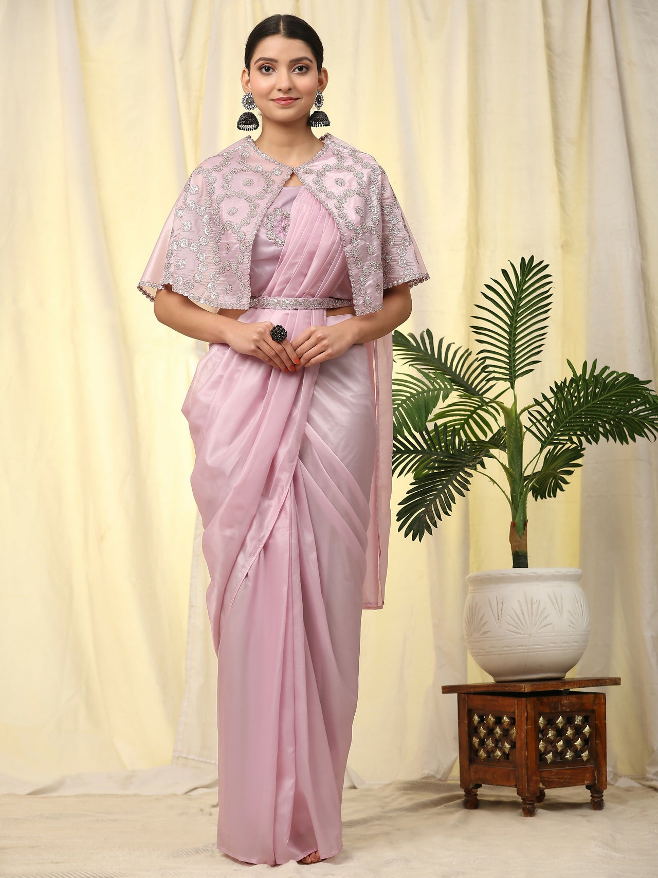 Light Lavendar Satin Solid Ready to wear Saree with stitched Blouse - Vanita - Distacart