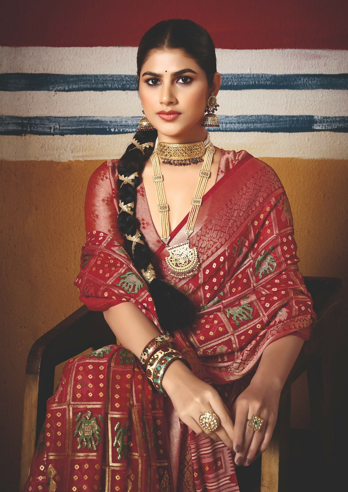 Joban Fashion Red Dull Moss Brasso Saree