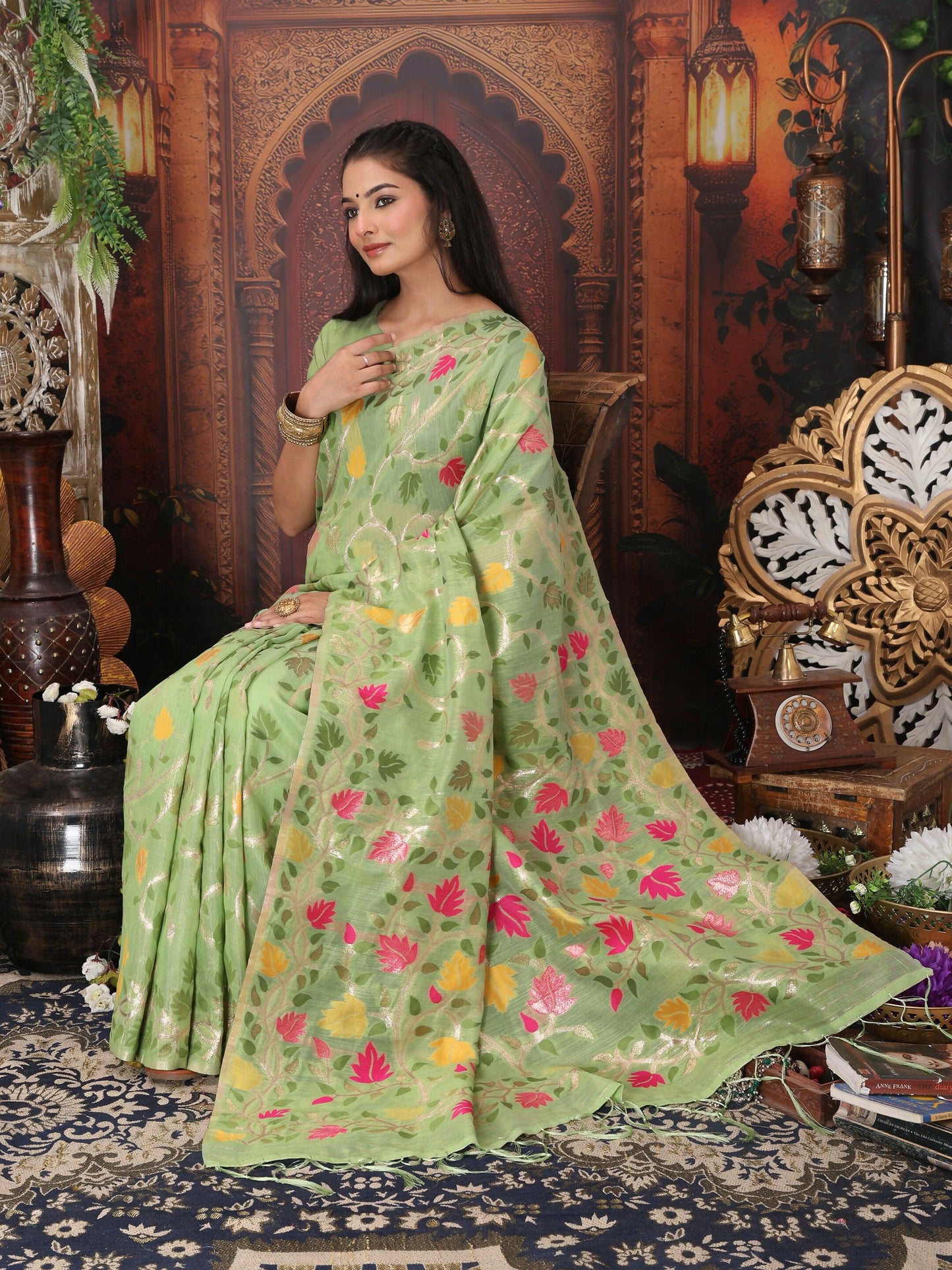 Shree Shyam Fashion Linen Cotton Green Saree - Distacart