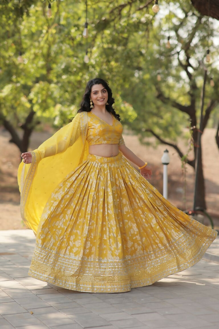 Vastranavya Designer Dyeable Pure Viscose Jacquard Fabric Lehenga Choli & Dupatta Set - Yellow - Distacart