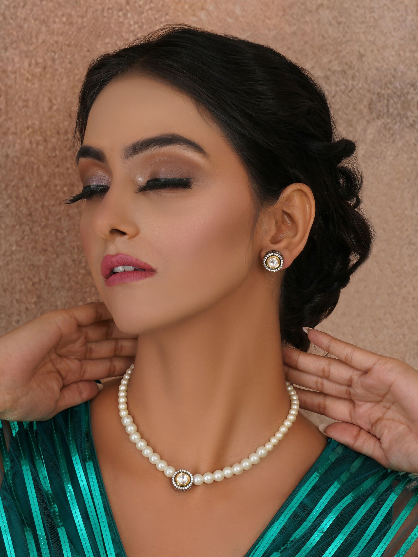 Kundan and Pearl Choker with Studs Jewellery Set (white) - Ruby Raang - Distacart