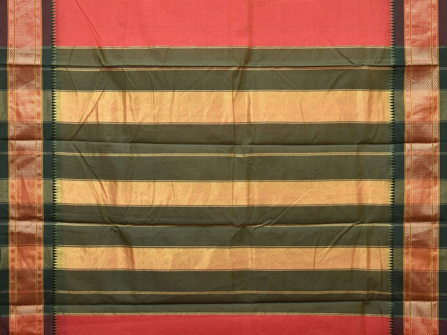 Peach and Green Bamboo Cotton Plain Saree with Strips Pallu Design No Blouse - Global Threads - Distacart