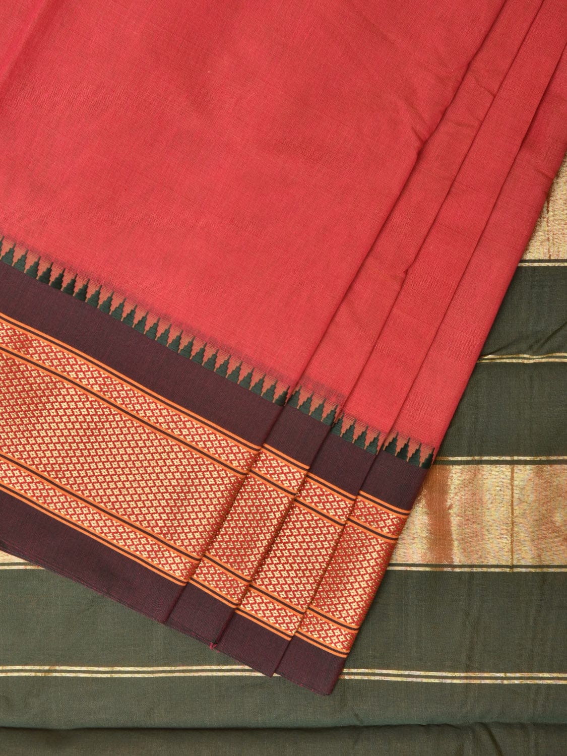 Peach and Green Bamboo Cotton Plain Saree with Strips Pallu Design No Blouse - Global Threads - Distacart