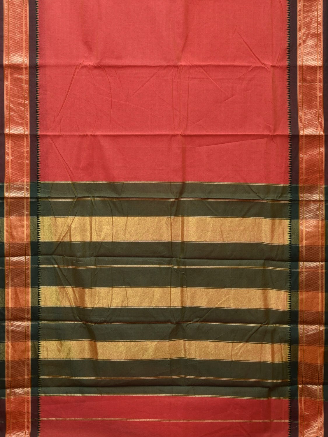 Peach and Green Bamboo Cotton Plain Saree with Strips Pallu Design No Blouse - Global Threads - Distacart
