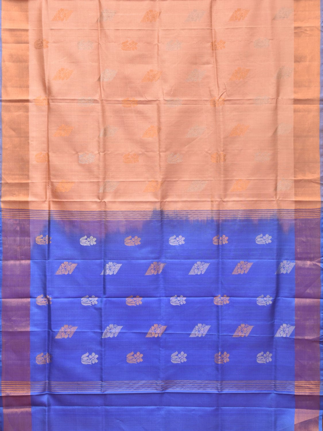 Peach and Light Blue Uppada Silk Handloom Saree with Body Buta Design - Global Threads - Distacart