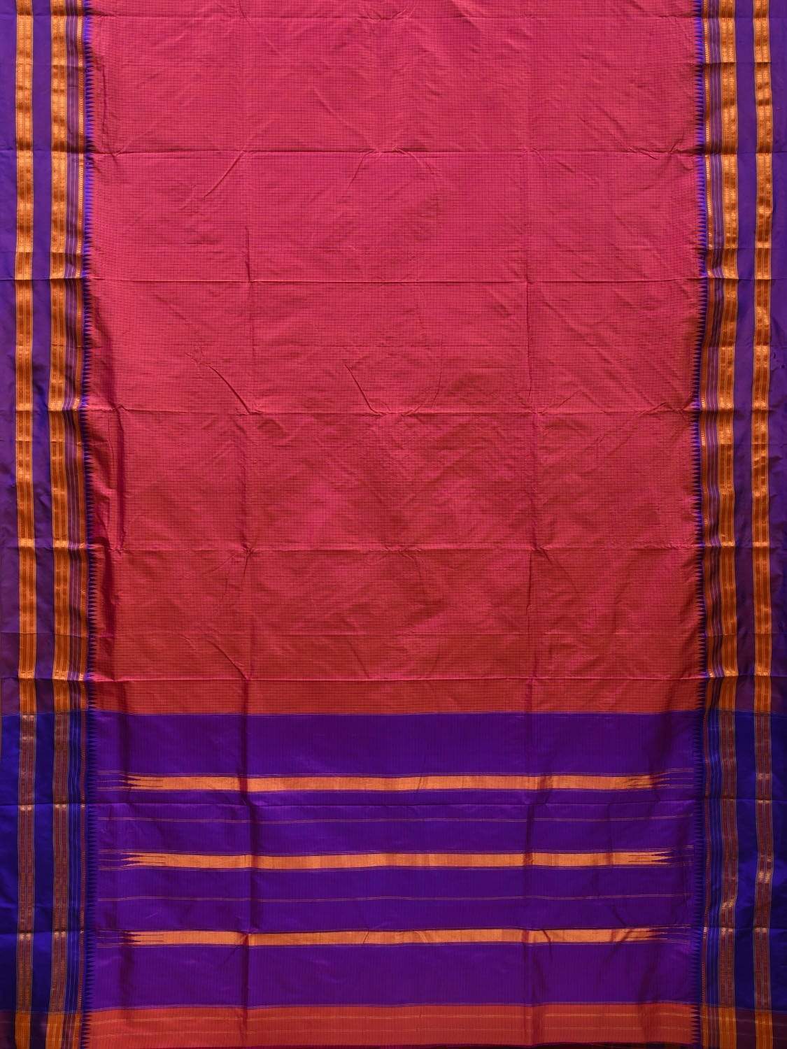 Peach and Purple Narayanpet Silk Saree with Checks Design No Blouse - Global Threads - Distacart