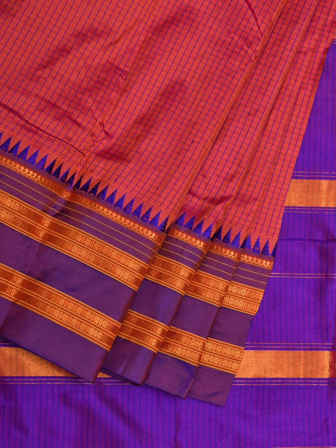 Peach and Purple Narayanpet Silk Saree with Checks Design No Blouse - Global Threads - Distacart